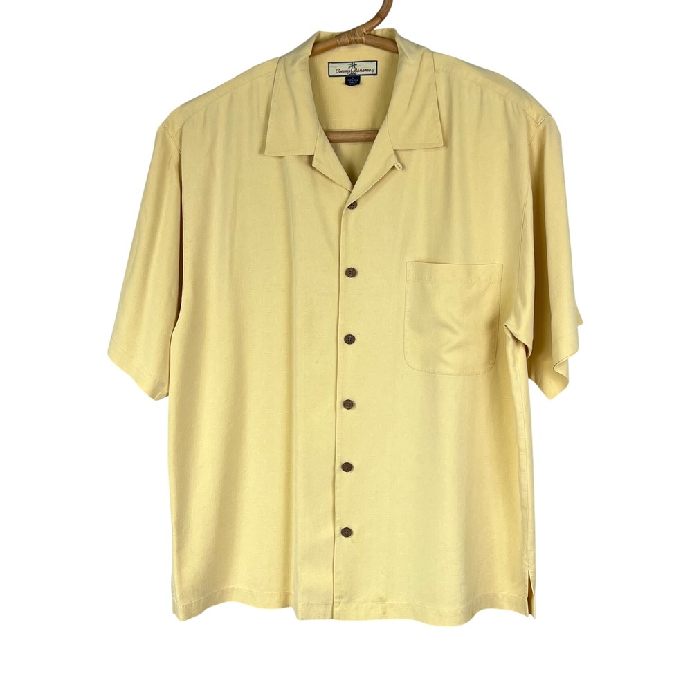 Tommy Bahama Silk Camp Shirt Mens Large Short Sleeve Jacquard Yellow Tropical